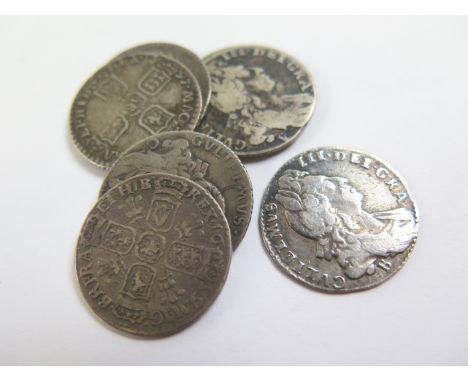GB Sixpences (7) William III early milled silver: 1696 early harp large crowns VF, 1696Y early harp large crowns Fair, 1696 B