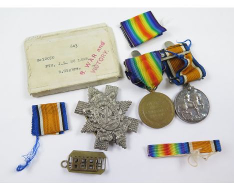BWM & Victory Medal mounted as worn + box of issue and cap badge - S-12050 Pte J McLean R. Highlanders (both medals with smal