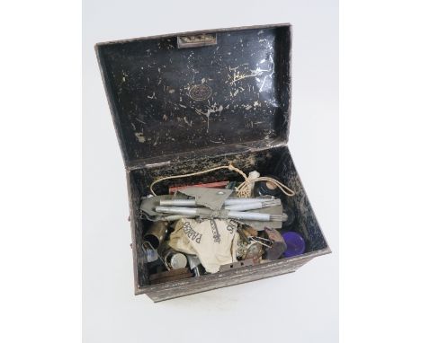 Large tin box of general militaria including: 3x Coffee Jars full of excavated / detector finds, coins, buttons, badges etc. 