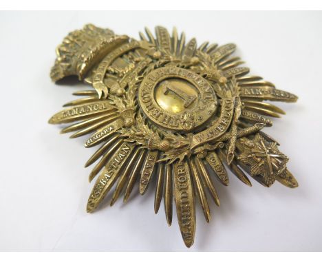 Badge a 1st Royal Regiment, Royal Scots large Victorian Helmet plate, Battle Honours upto Waterloo, minor loss of tip of crow