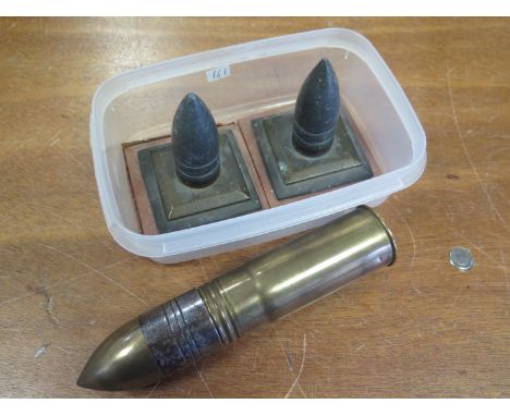 Trench Art two scarce one aiming rifle canon round heads mounted on stands with cannon round lighter seven inches long   