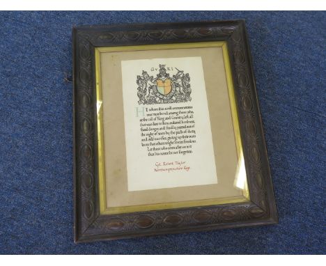 An original framed Memorial Scroll to Cpl Robert Taylor 2/Bn. Northampton R. in a contemporary frame with MIC taped to rear. 