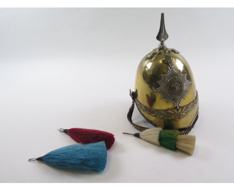 Yorkshire Dragoons Y.C. brass helmet with chin strap, and three various plumes. a/f
