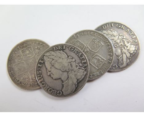 GB Shillings (4) George II : 1734 roses & plumes Fine, 1743/1 roses nF, 1745 Lima GF, and 1758 GF