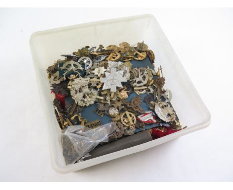 Cap badges, etc - large plastic tub with a mass of various badges, many originals, plus staybrights, plus restrikes. Worth vi