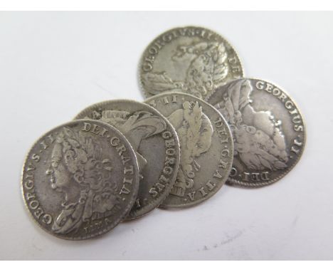 GB Sixpences (5) George II : 1728 plumes Fine, 1731 roses & plumes Fine slightly bent, 1743 roses aF, 1746 Lima F/GF, and 175