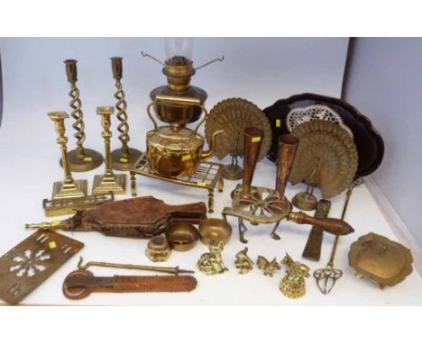 Oval brass kettle, trivets, ornaments, pair of bellows, oil lamp, copper and two pairs of candlesticks etc. Condition report: