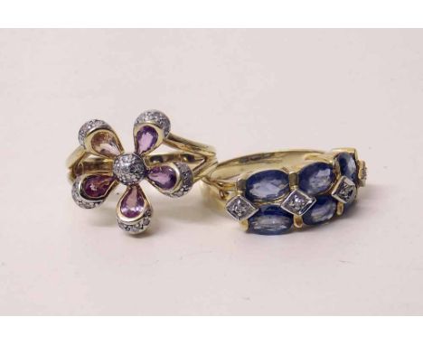Two 9ct gold rings, amethyst and diamond, the other diamond and mixed coloured stones. Condition report: see terms and condit