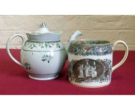 Pearl ware teapot and a mug printed with treaty of Amiens. Condition report: see terms and conditions.