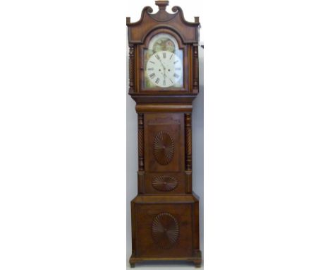 Mahogany longcased clock circa 1840, painted dial with a rolling moon, Roman chapters, subsidiary seconds and date dials, 8-d