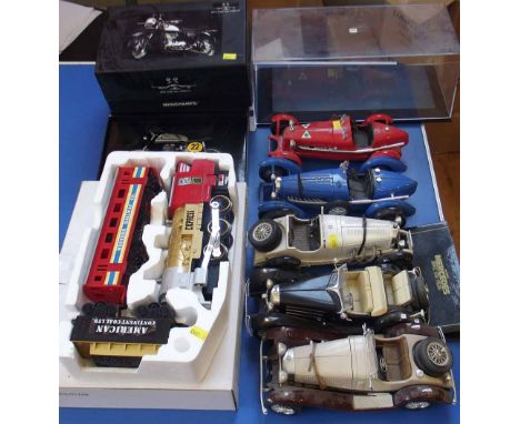 Mini Champs Norton and BSA 1:12 scale Motor Bike models, five Burgo Cars and a express Train and Coach Condition report: see 