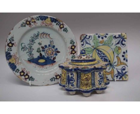 18th Century delft plate, a faience lidded vase and a tile. Condition report: see terms and conditions.