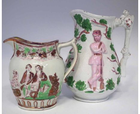 Victorian pink lustre Volunteer Rifles Jug, also another similar jug moulded with a hunting party. Condition report: see term