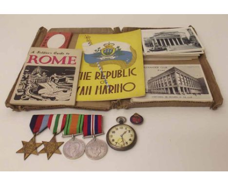 WW2 Group of 4 Medals with Postcards and Army Issue Fob Watch Condition report: see terms and conditions.