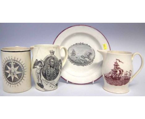 Creamware Nelson commemorative jug, also another jug of Naval interest 'Success to the Wooden Walls of Britain' also a creamw