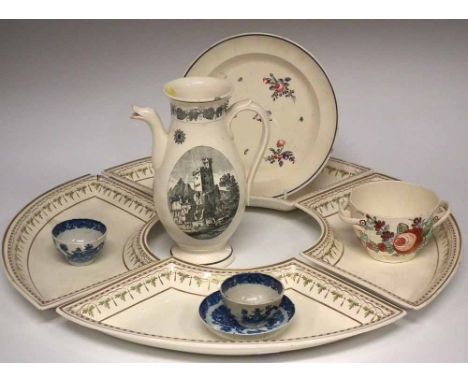 Wedgwood creamware supper set, a Continental creamware coffee pot base, a creamware sucrier base, another plate, and two pear