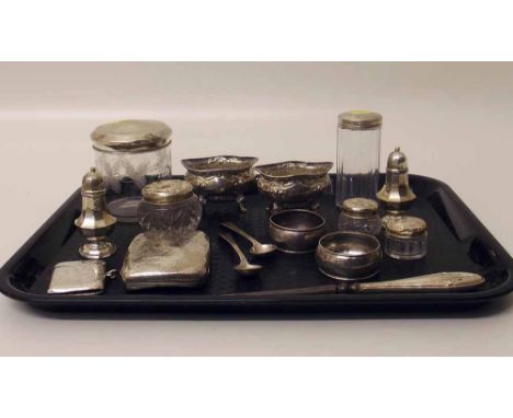 Five silver topped glass boxes, vesta case, cigarette case, pair of peppers, pair salts, pair of napkin rings and a button ho