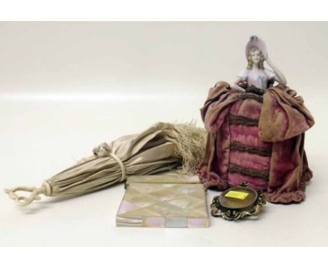 Victorian childs/dolls parasol, mother-of-pearl card case, metal ware hair lock brooch and ceramic lady pin cushion. Conditio