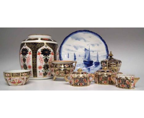 Royal Crown Derby 1128 vase, a lidded vase, a small bowl, a plate painted with boats in blue, and a Derby style vase and thre