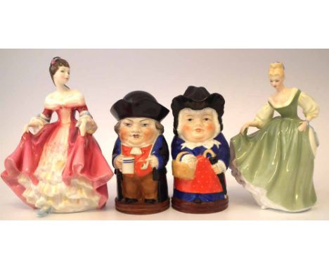 Pair of Royal Worcester lidded toby jugs, also two Royal doulton ladies. Condition report: see terms and conditions.