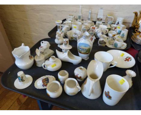 Approximately 65 pieces crested ware, Crown china harp (Llanelly) waterfall statue (Hull), Botol monument (London), Willow ar