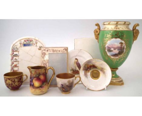 Royal Worcester: to include a saucer and a cup signed Stinton, a dish painted with a Merlin, a jewelled cup, a jug signed Tow