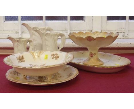 Crown Ducal strainer and stand and a Crown Devon footed bowl and oval dish also three Royal Worcester leaf jugs. Condition re