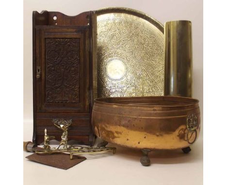 "Craftsman" copper planter, brass trivet, two brass ornaments, brass engraved tray and late 19th century oak pipe cabinet wit