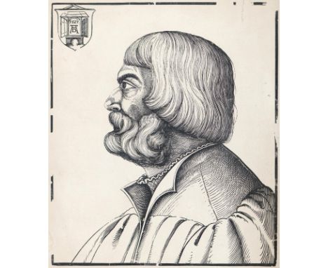 Schön, Erhard.: (ca. 1491-1529). Portrait Albrecht Dürers. Holzschnitt. Blgr. 32 x 27,6 cm. Ca. 29,9 x 25,5 cm. - Etw. wasser