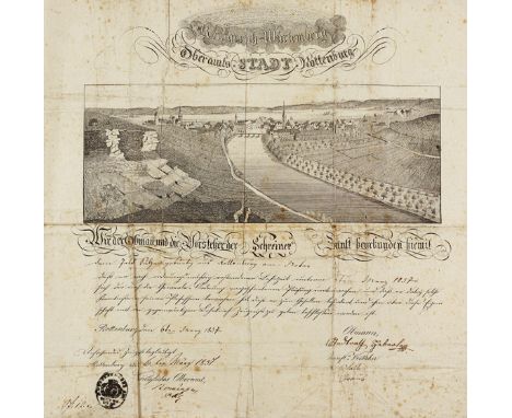 Rottenburg/Neckar.: Gesamtansicht. Lithographie auf einem Gesellenbrief der Schreinerzunft für Jakob Sulzer aus Rottenburg, d