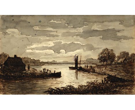 Haanen, Remigius Adrianus van: (1812 Oosterhout - 1894 Bad Aussee). Holländische Flusslandschaft. Feder in Braun, grau lavier