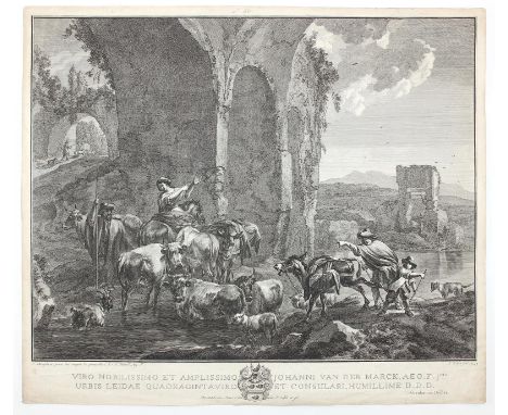 Delfos, Abraham: (1731 - Leiden 1820). Hirten in Ruinen. Radierung nach N.Berchem, 1753. Ca. 44 x 52 cm, mit schmalem Rändche