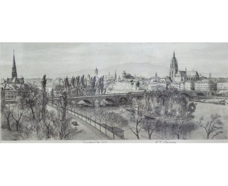 Frankfurt am Main.: Ansicht von Frankfurt mit alter Brücke und Dom von Karl Friedrich Lippmann. Lithographie. 1939. 40,5 x 85