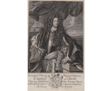 Lebrecht von Anhalt Köthen, Emanuel Fürst.: Kupferstich v. Johann Martin Bernigeroth, Leipzig. 43,9 x 28 cm. Tls. über den Pl