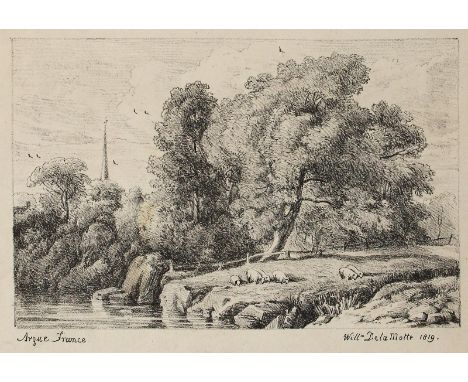 Delamotte, William Alfred: (1775 Weymouth - Oxfold 1863). Landschaft mit Baumstamm - Landschaft mit Schafen. 2 Lithographien,
