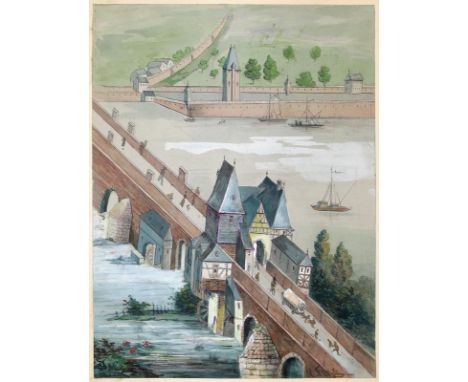 Mylius, Carl Friedrich: (1827 Frankfurt am Main 1916). Damm mit Wehranlage. Aquarell mit Ölfarbe auf Papier. 28,5 x 21,5 cm. 