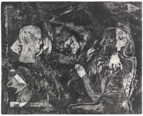 Behrendt, Friedrich Richard Falko: (1951 Torgelow, lebt in Lübeck). Im Atelier. Mezzotinto 1981. 32,5 x 40, Blgr. 48 x 58 cm.