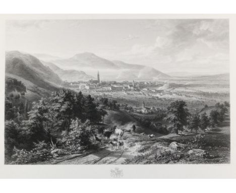 Freiburg i. Breisgau.: "Fribourg en Brisgau". Gesamtansicht von Norden mit Blick auf Herdern u. den Schönberg. Stahlstich auf