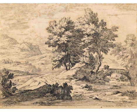 Genoels, Abraham: (1640 Antwerpen 1723). Drei Personen auf einer Brücke über einen Fluss. - Rastendes Paar an einem Flussufer