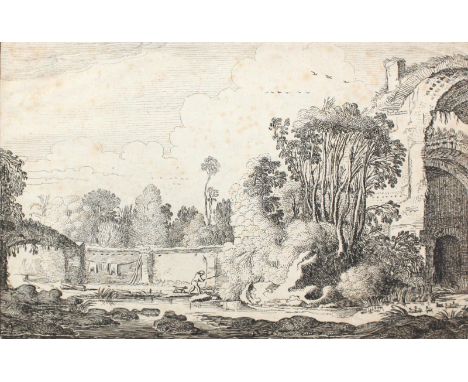 Velde, Jan van de II: (1593 Rotterdam - Enkhuizen 1641). Mann mit Hund bei (römischer) Ruine. Aus Amenissimae aliquot regiunc