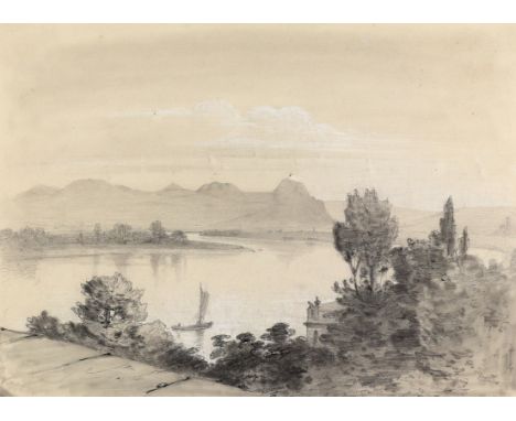 Siebengebirge.: Blick über den Rhein auf das Siebengebirge. Gewischte Kohlezeichnung über Tonplatte, wohl als Vorzeichnung fü