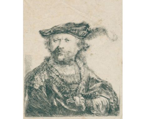 Rembrandt, Harmensz van Rijn: (1606 Leiden - Amsterdam 1669). Selbstbildnis mit dem federgeschmückten Barett. 1638. Radierung