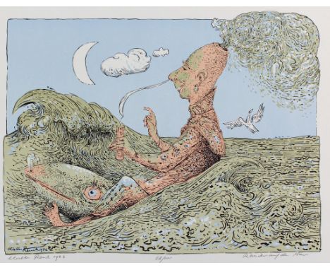 Rauh, Caspar Walter: (1912 Würzburg - Kulmbach 1983). 3 Bl. unters. Techniken. "Raucher auf dem Meer". Farbige Offsetlithogr.