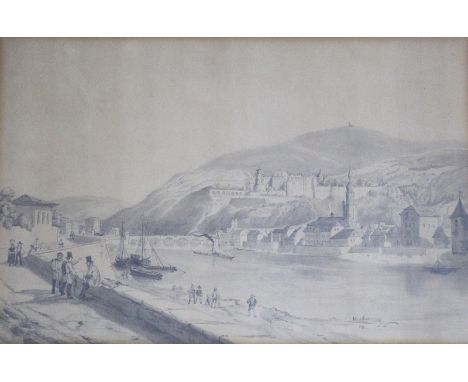 Heidelberg.: Gesamtansicht (ohne Titel) über den Neckar mit figürl. Staffage und Dampfschiff. Anonyme Bleistiftzeichnung, um 