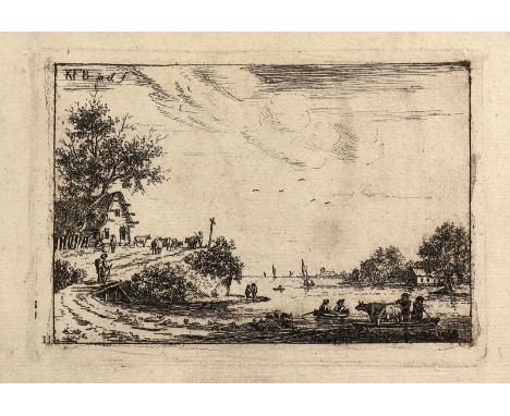 Bendorp, Carel Frederik d. Ä.: (1736 Sas-van Gent - 1814 Dordrecht). Weide vor einem Dorf mit Fluss. Radierung. 1769. Blgr. 1