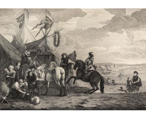 Alte de Cavalerie.: Im Vordergrund Hufschmied beim Beschlagen eines Pferdes. Kupferst. von Beaumont nach P. Wouvermans. Ca. 3