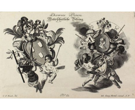 Rösch, Georg Sigmund: (deutsch - 1766). Diverses Panou. Unterschiedliche Behäng. Komplette Folge von 4 Bl. mit je 2 Trophäen.