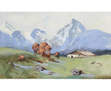 Berglandschaft.: Möglicherweise Blick auf Königspitze. Aquarell, Anfang 20.Jhdt. Ca. 17 x 29 cm. Unten rechts sign. mit "Deng