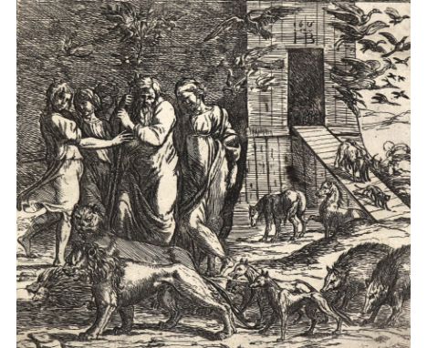 Unbekannter Kupferstecher: (Ende 16. Jh.). Arche Noah. Radierung. Blgr. 22,8 x 34,2 cm. Plgr. 15 x 17,2 cm. Monogr. HB (Nagle