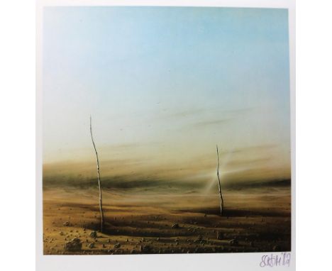 Schimmelpenning, Jochen: (1948 Varel). Landschaft mit zwei Pfählen. Farboffset 1982. 41 x 41, Blgr. 72 x 52.  Sign. "Schim" u
